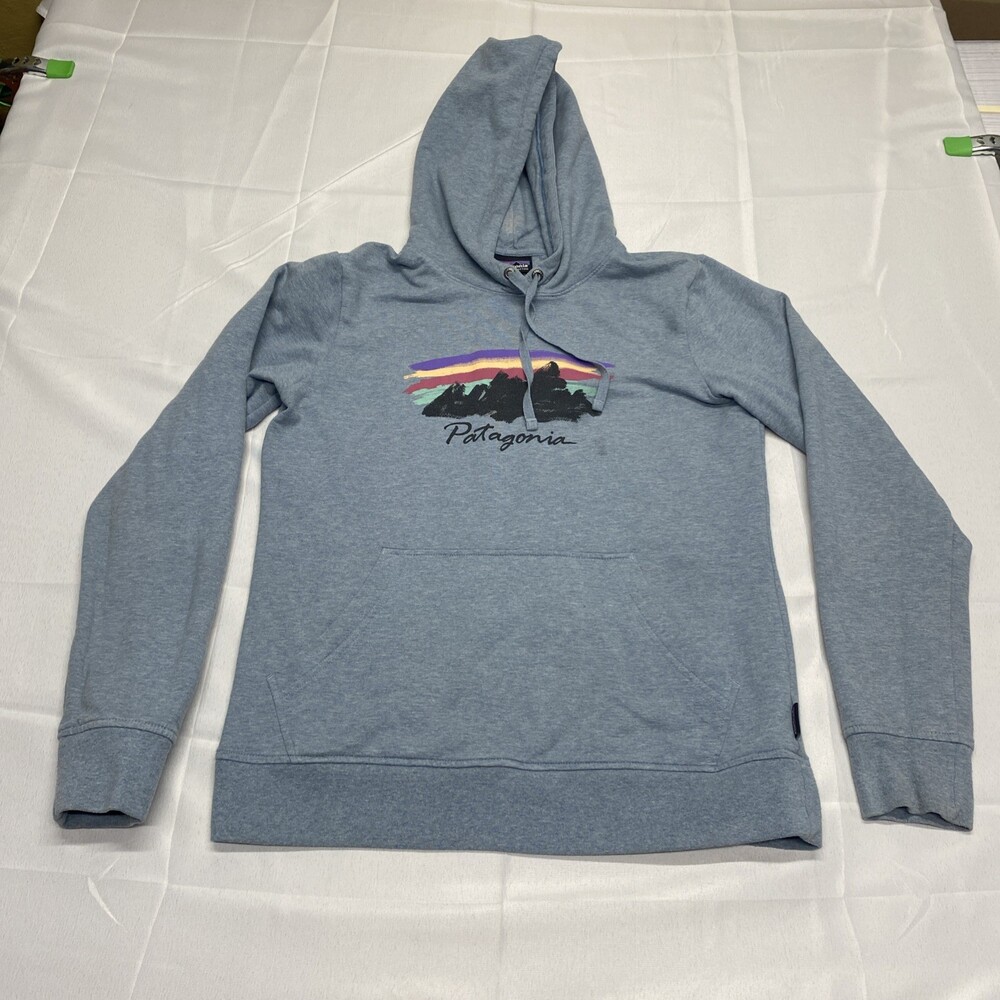 Patagonia Organic Cotton Blue Heather Graphic Pullover Hoodie Size Medium!